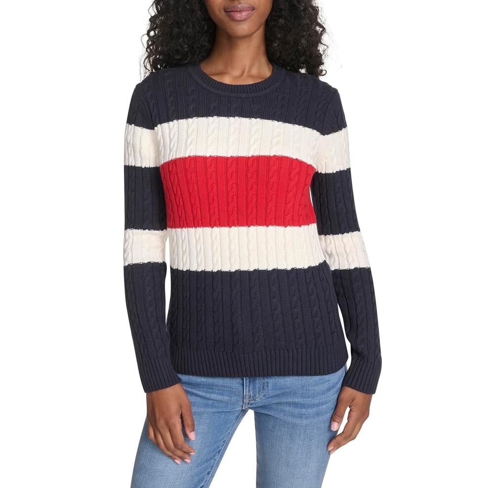 Tommy Hilfiger Women Sky Captain Colorblock Cotton Knit Crewneck Sweater Size M